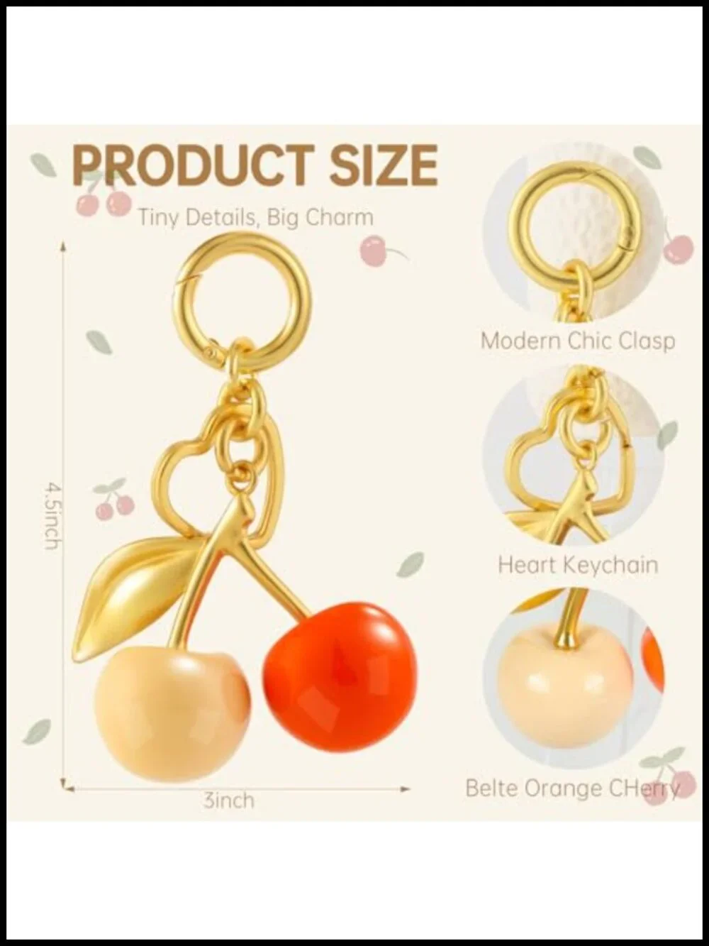 Cherry Bag Charm Heart Shaped Keychain Metal Resin Keyring for Purse Handbag
